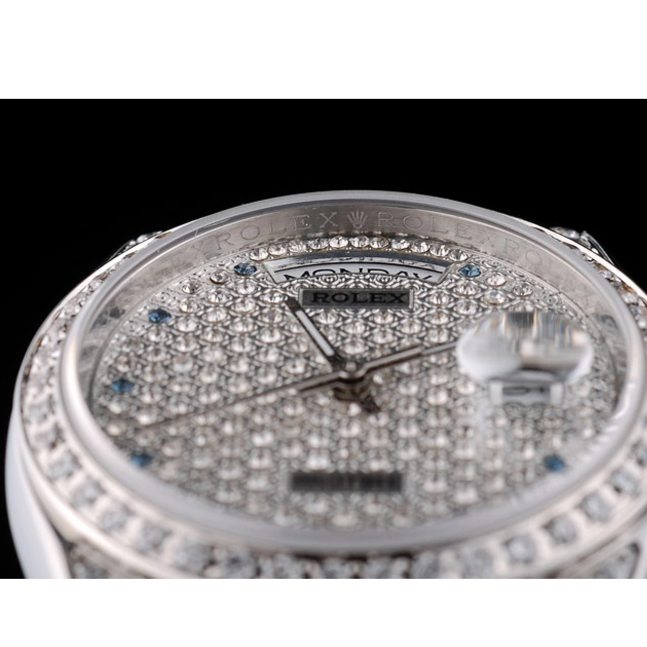 Aaa fake watches 41986 Plated Dial Rolex Plated Diamond Diamond Steel Stainless DayDate Bracelet 0728